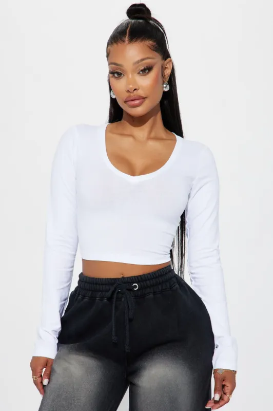 Carly V Neck Crop Long Sleeve Tee - White sold by Fashion Nova