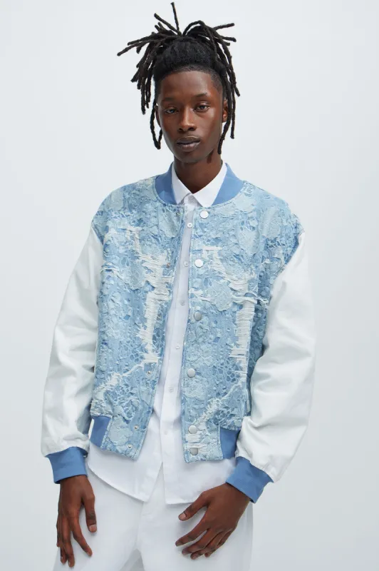 Inspired Denim Bomber Jacket - Light Wash sold by Fashion Nova