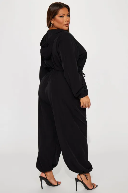 In My Sporty Era Windbreaker Jumpsuit - Black sold by Fashion Nova