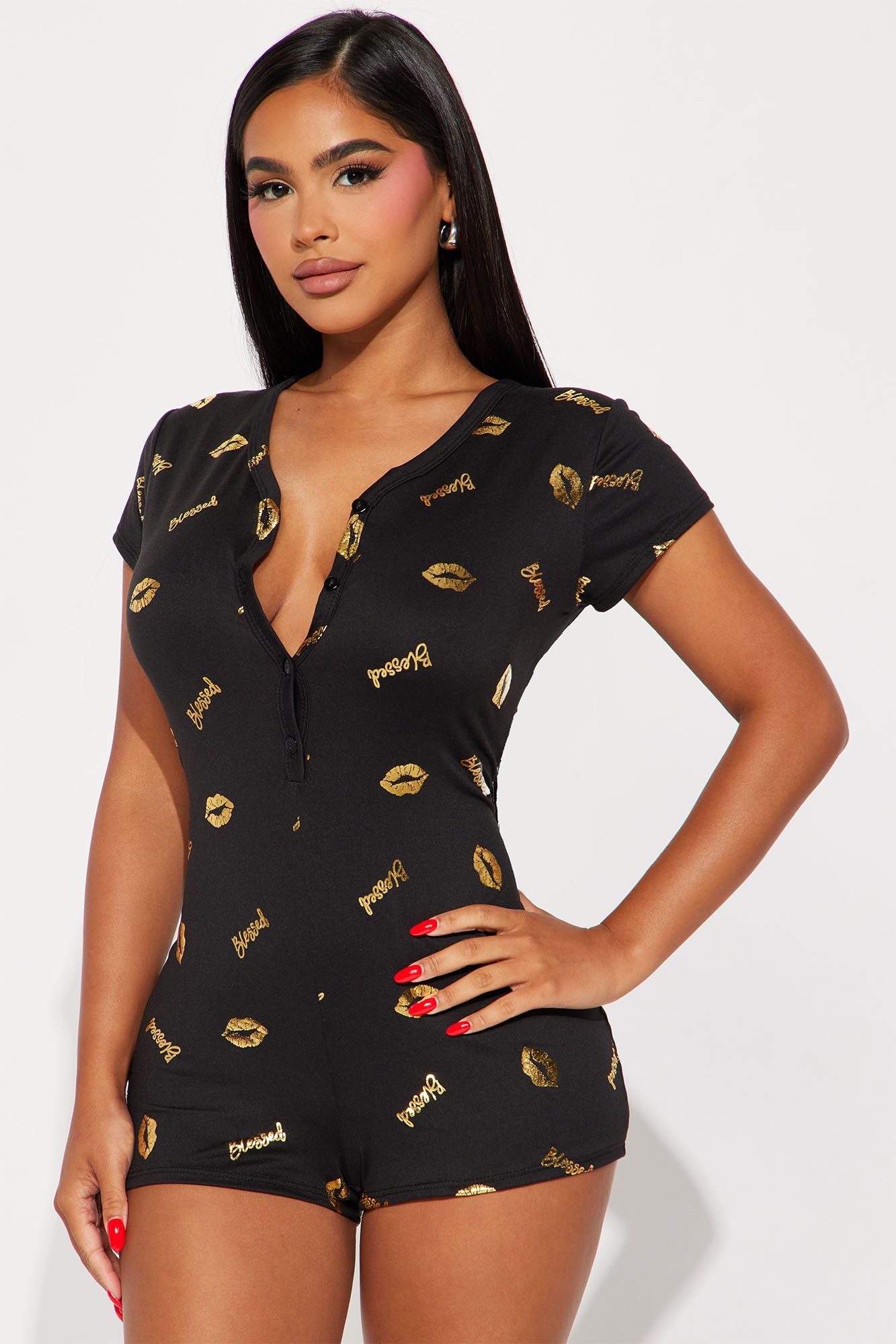Never Leaving This Bed PJ Romper Onesie - Gold/Black sold by Fashion Nova