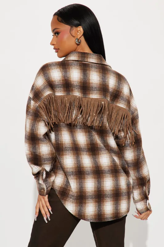Good Life Fringe Plaid Shirt - Brown/combo sold by Fashion Nova