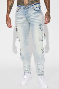 Hold On Cargo Stacked Skinny Jeans - Light Wash sold by Fashion Nova