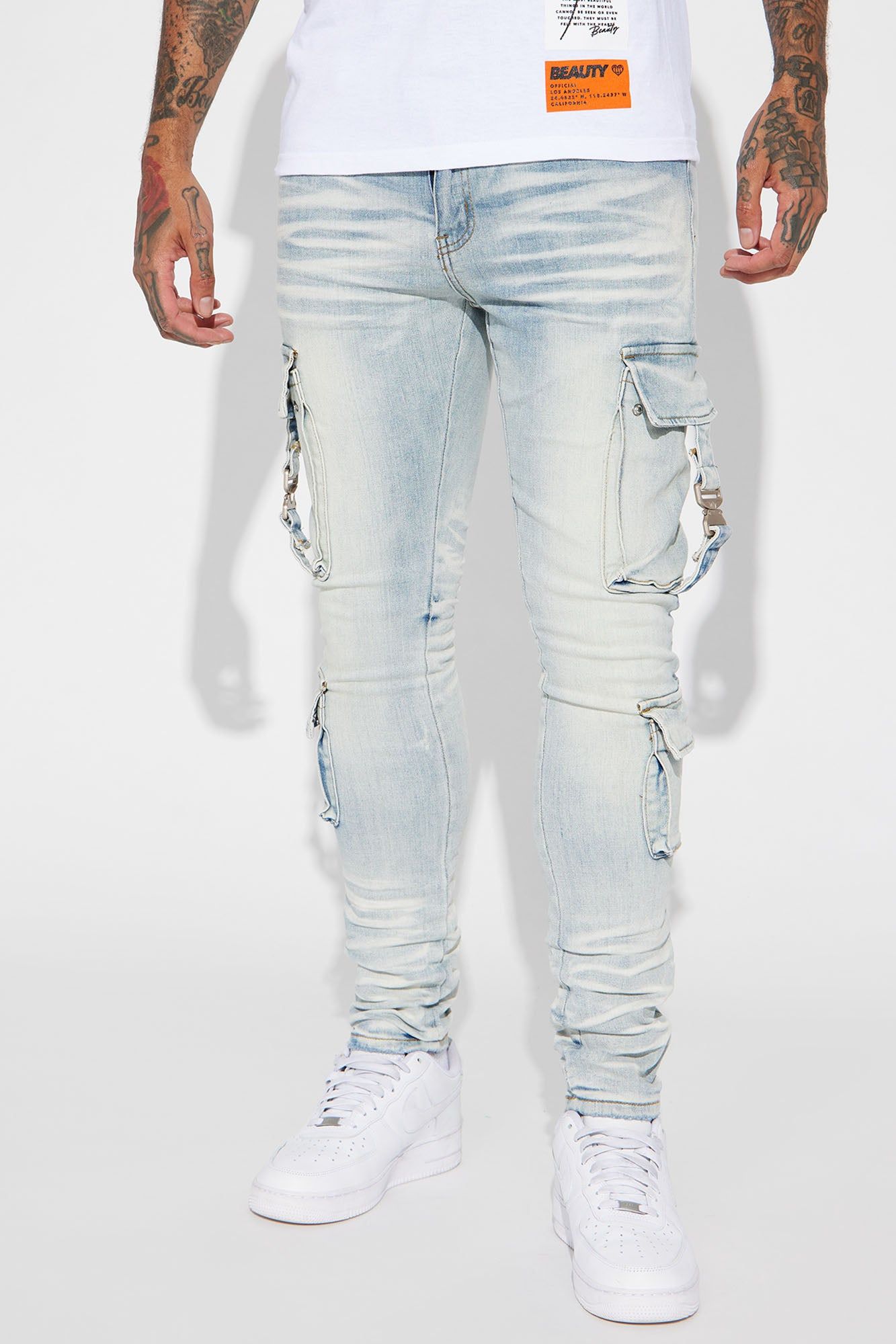 Hold On Cargo Stacked Skinny Jeans - Light Wash sold by Fashion Nova