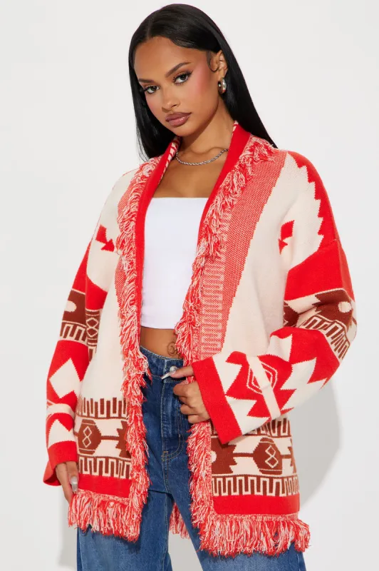 Austin Fringe Cardigan - Red/combo sold by Fashion Nova