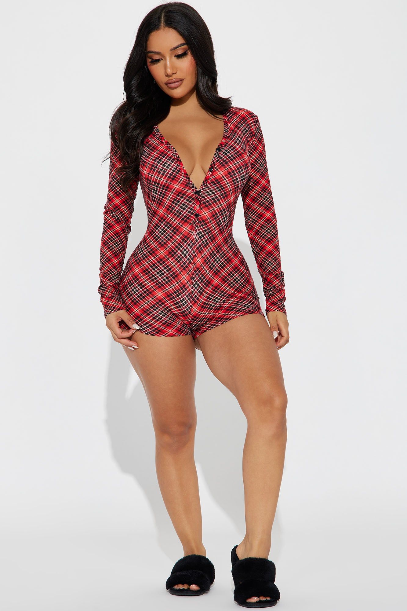 Oh So Naughty PJ Romper Onesie - Red/combo sold by Fashion Nova