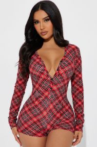 Oh So Naughty PJ Romper Onesie - Red/combo sold by Fashion Nova