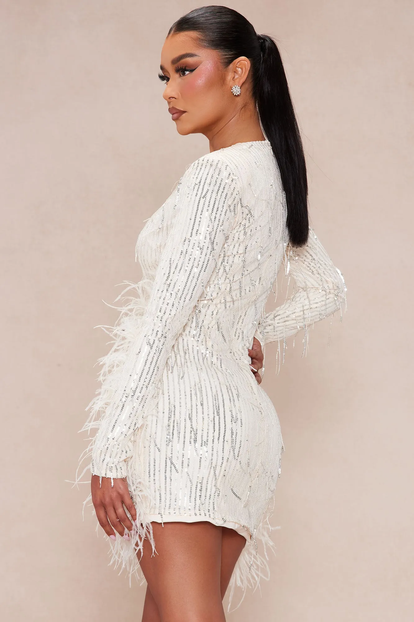 Hailey Feather Sequin Mini Dress - Cream sold by Fashion Nova product image thumbnail 4