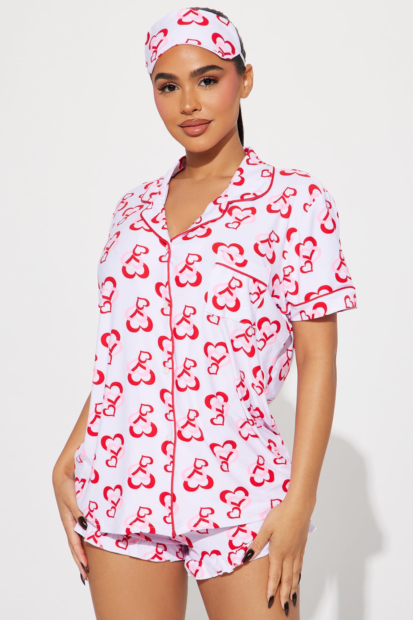 Love This Bed 3 Piece PJ Short Set - Red/White sold by Fashion Nova