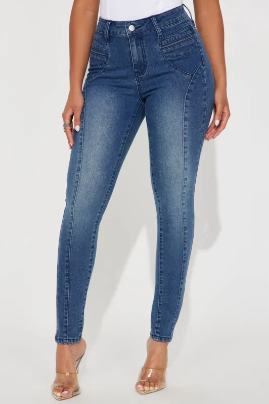 Putting You On Stretch Moto Skinny Jeans - Medium Wash sold by Fashion Nova