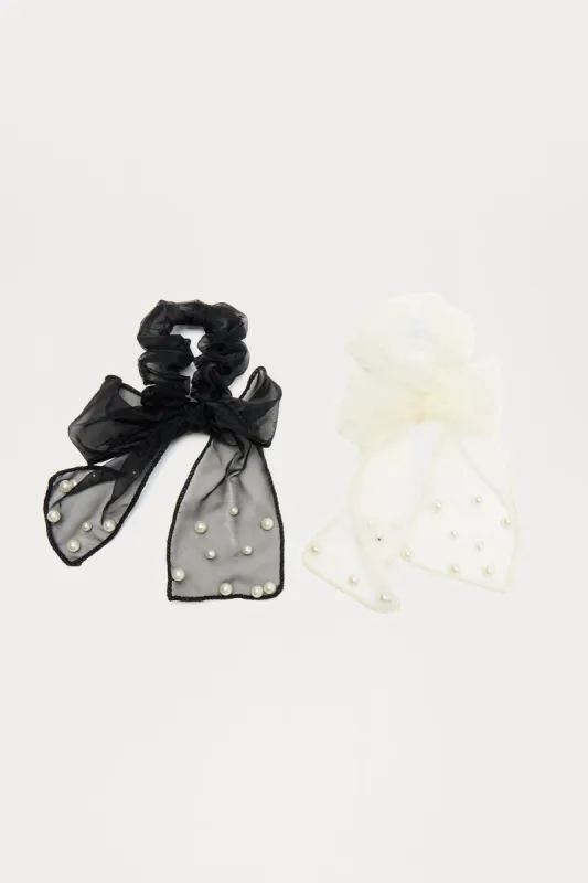 Bow Of Pearls 2 Piece Scrunchie Set - White/Black sold by Fashion Nova