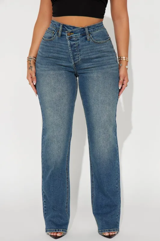 In Sync Stretch Crossover Straight Leg Jeans - Dark Wash sold by Fashion Nova