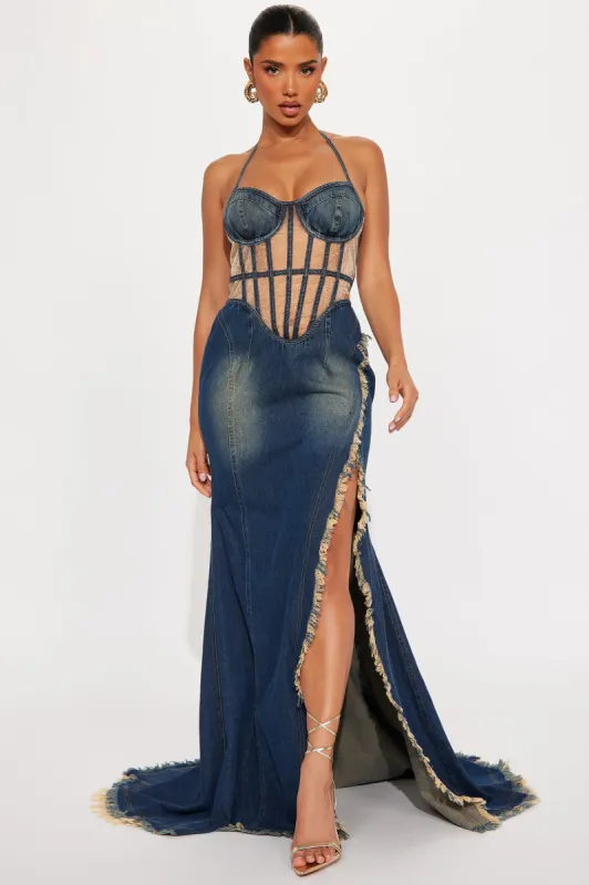 Jenni Corset Denim Maxi Dress - Denim sold by Fashion Nova