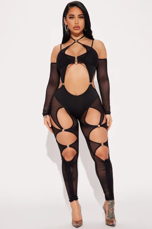 Give In Mesh Jumpsuit - Black sold by Fashion Nova