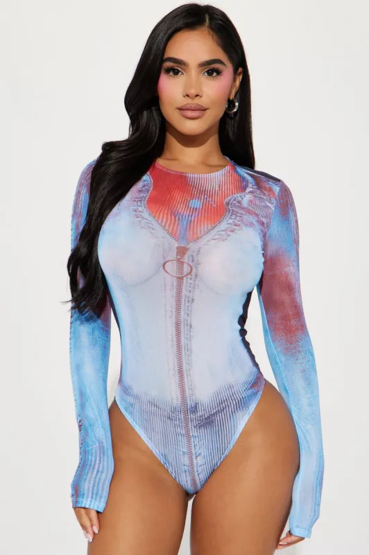 Too Hot To Handle Mesh Bodysuit - Blue/combo sold by Fashion Nova