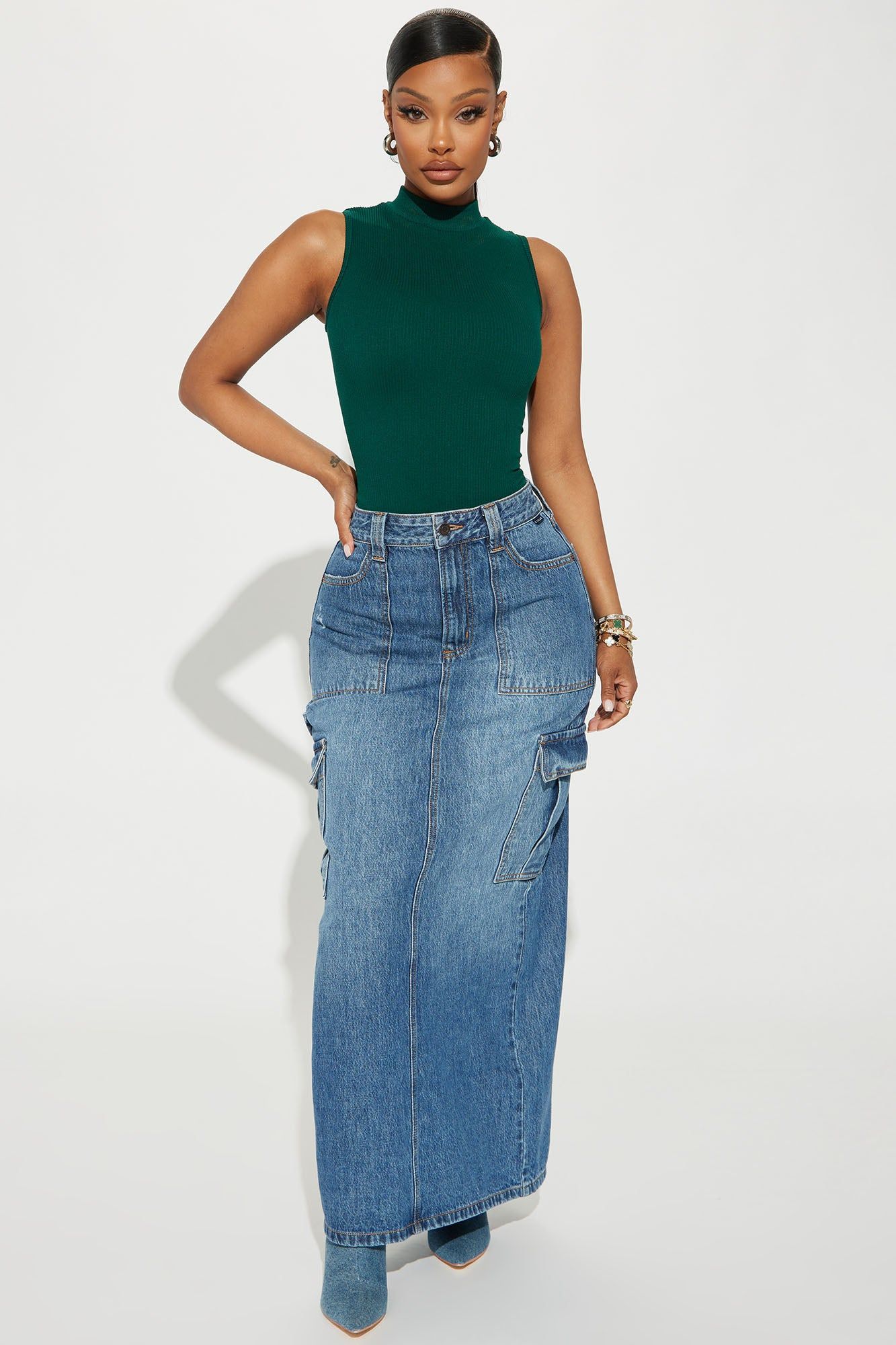 All Day Denim Cargo Maxi Skirt - Medium Wash sold by Fashion Nova