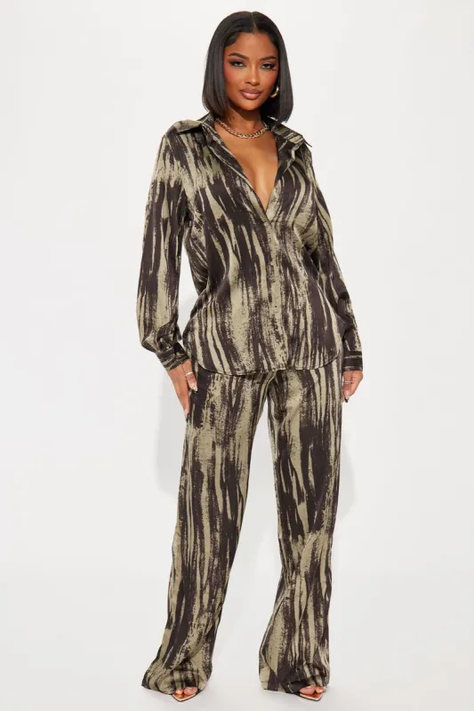 Say Something Satin Pant Set - Olive/combo sold by Fashion Nova