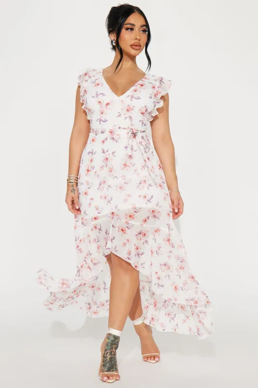Kacie Chiffon Maxi Dress - Ivory/combo sold by Fashion Nova