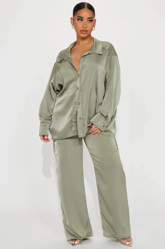 Mic Drop Satin Cargo Pant Set - Sage sold by Fashion Nova