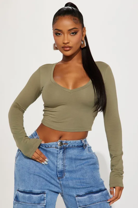 Carly V Neck Crop Long Sleeve Tee - Olive sold by Fashion Nova