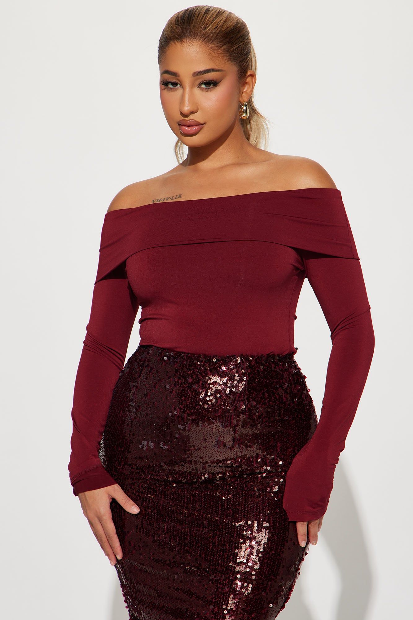 Jada Off Shoulder Top - Wine sold by Fashion Nova
