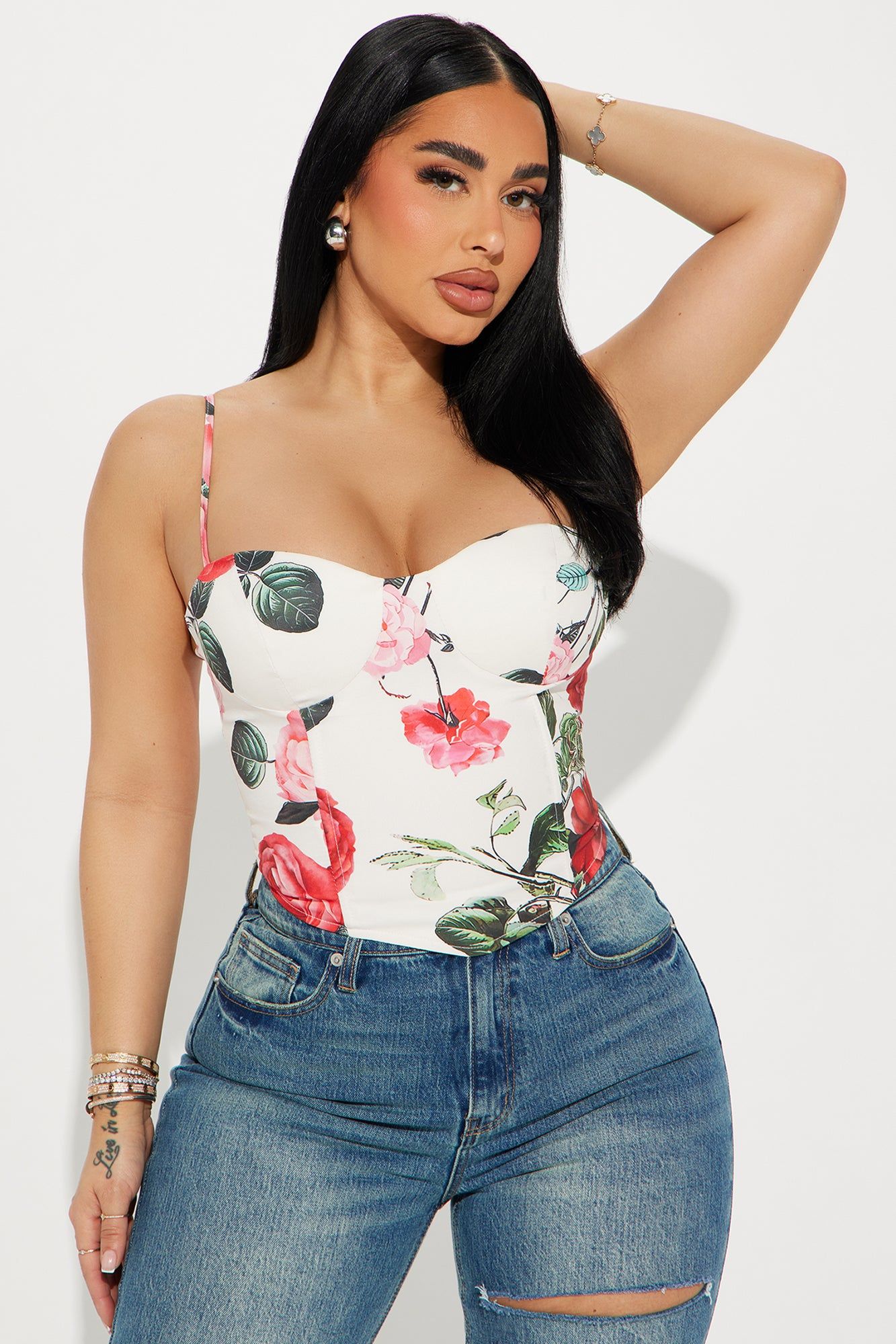 Rosa Floral Corset Top - White/combo sold by Fashion Nova