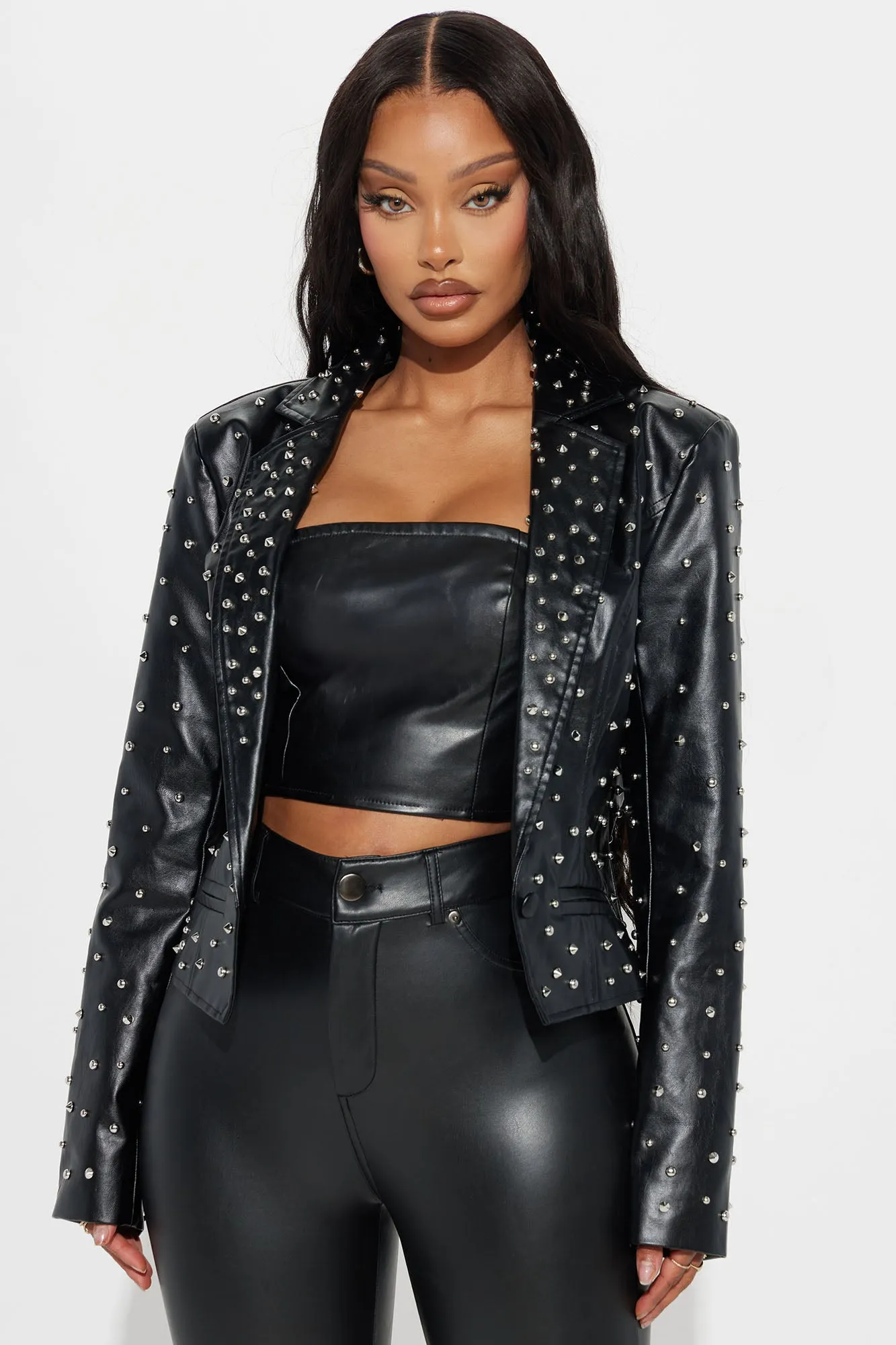 Star Studded Faux Leather Blazer - Black sold by Fashion Nova