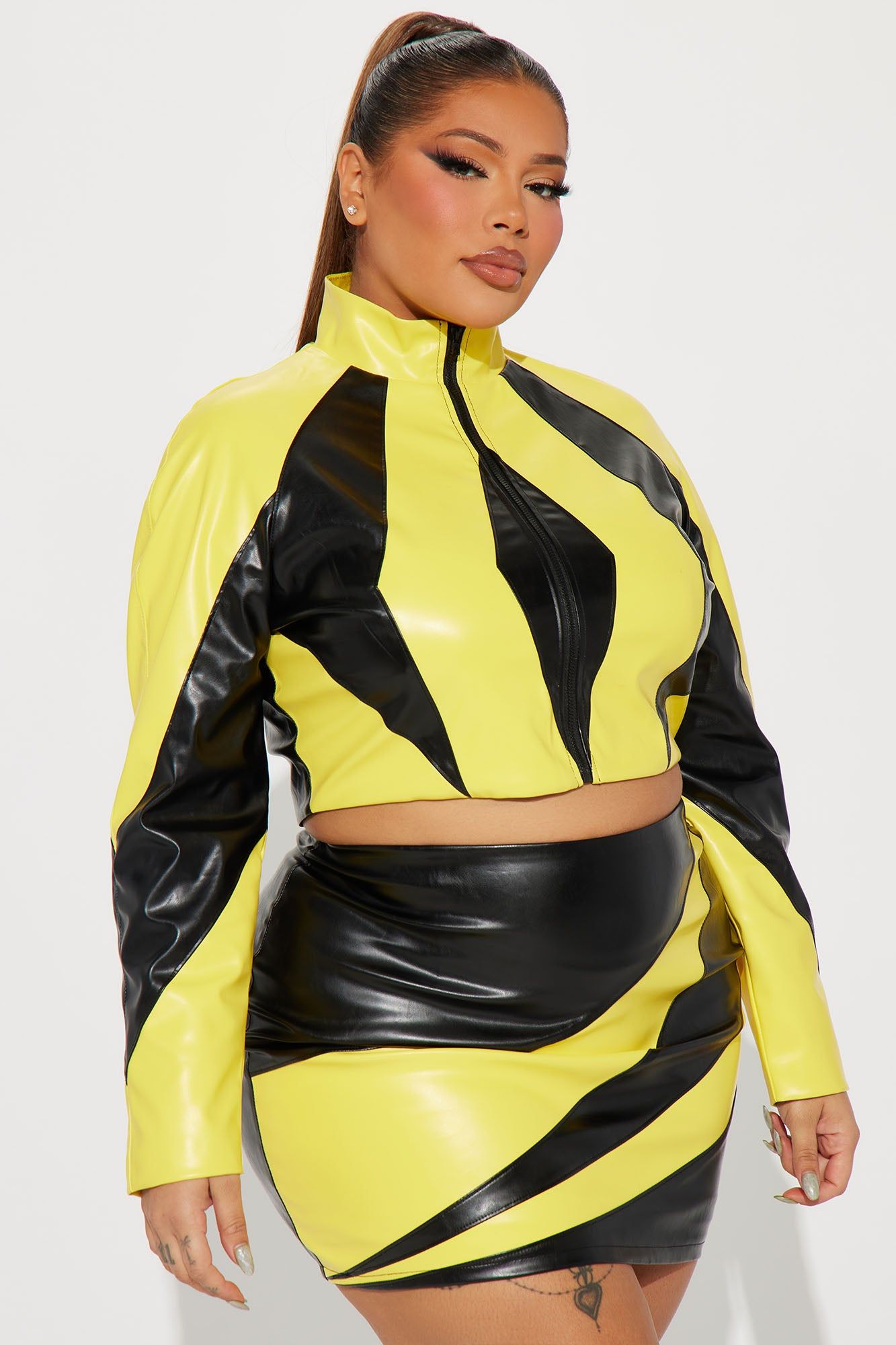 Catch A Ride Faux Leather Skirt Set - Black/Yellow sold by Fashion Nova product image thumbnail 5