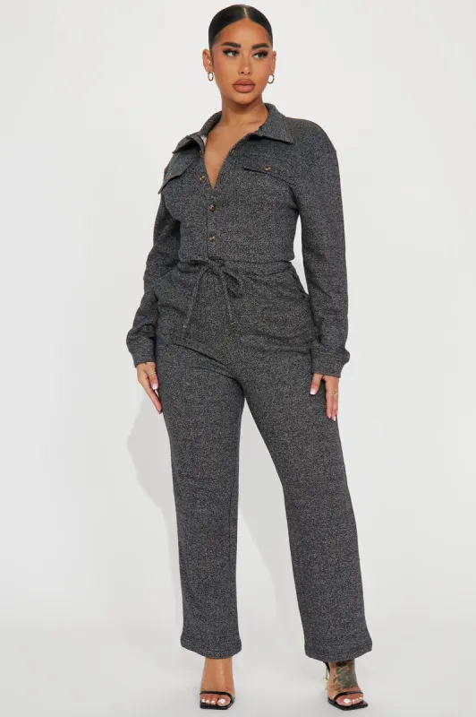 Chill Afternoon French Terry Jumpsuit - Black sold by Fashion Nova