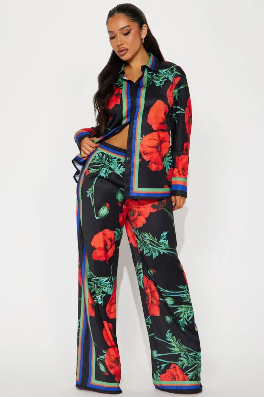 Show Out Floral Satin Pant Set - Black/combo sold by Fashion Nova