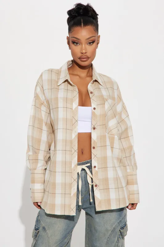 Fall For You Plaid Shirt - Taupe/combo sold by Fashion Nova