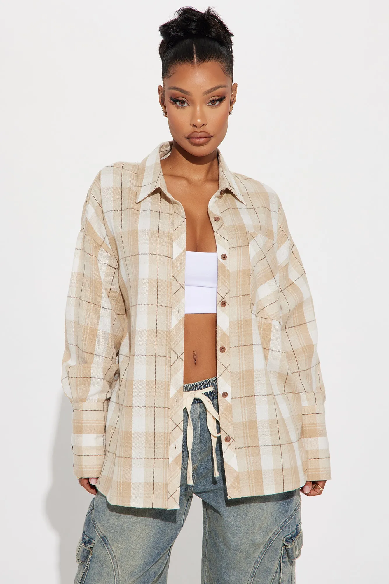 Fall For You Plaid Shirt - Taupe/combo sold by Fashion Nova