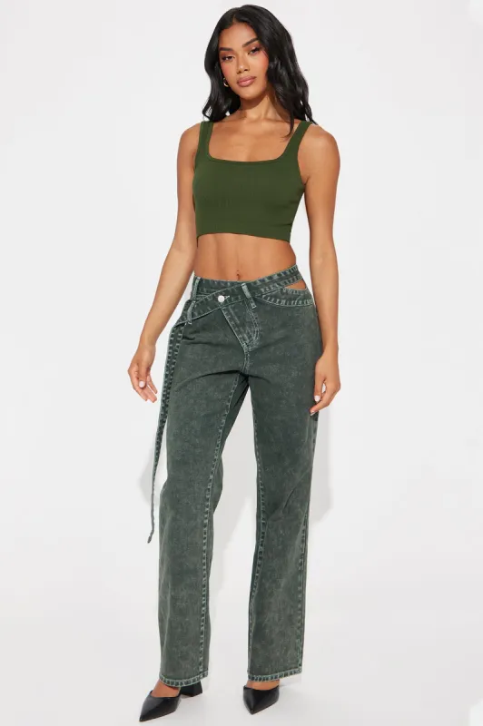 In The Archive Acid Wash Straight Leg Jeans - Olive sold by Fashion Nova