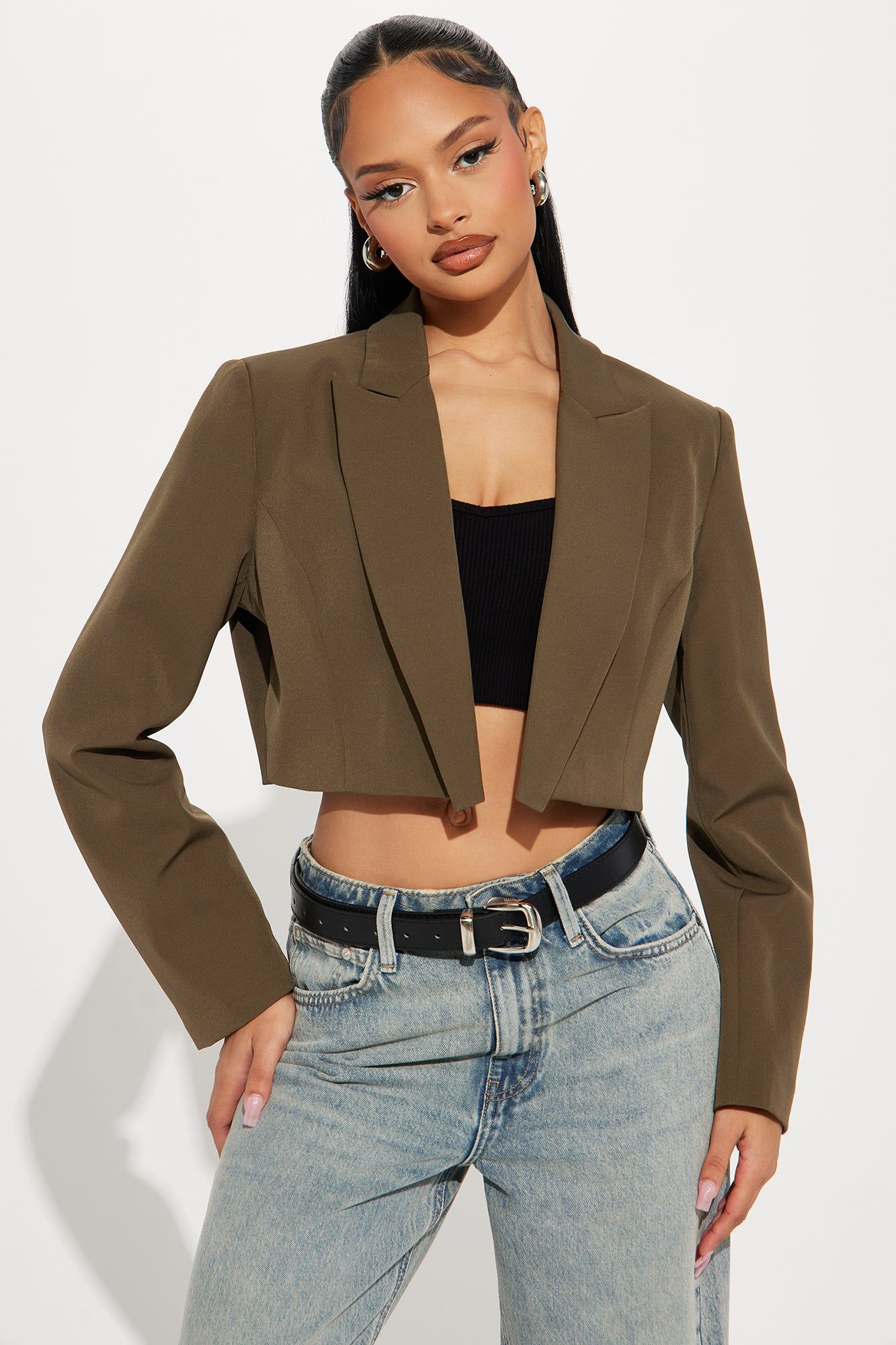 Business Plan Cropped Blazer - Olive sold by Fashion Nova
