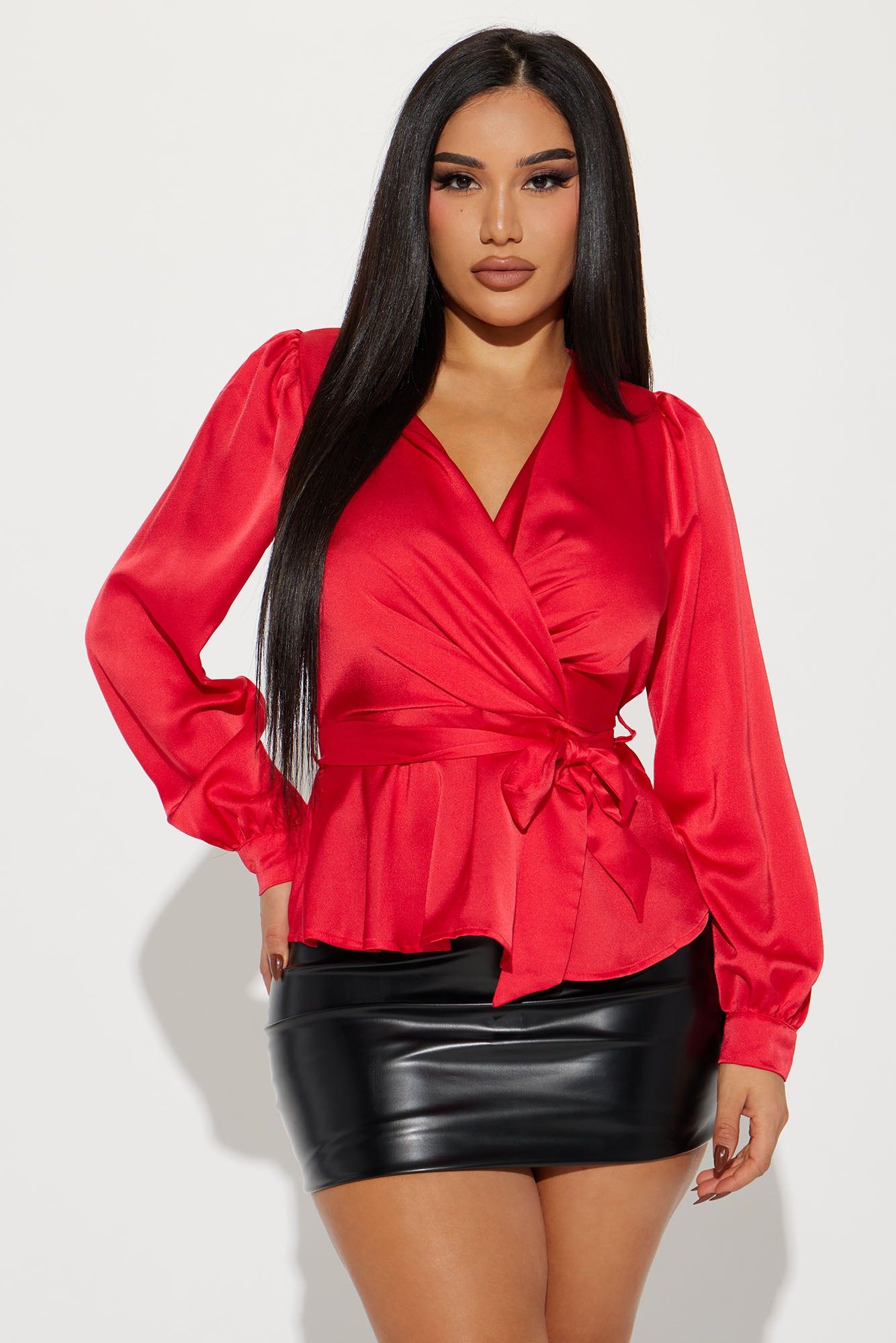 Lydia Satin Blouse Top - Red sold by Fashion Nova