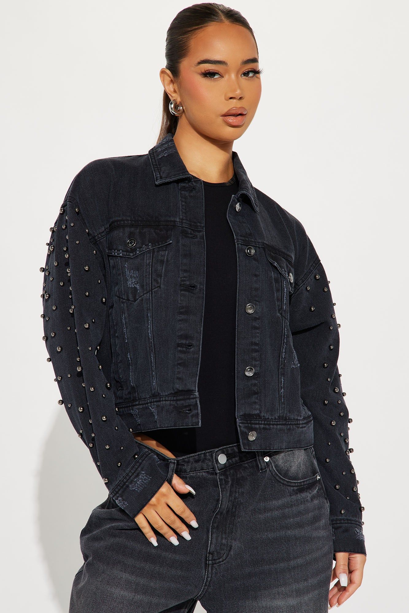 All That Shines Embellished Denim Jacket - Black Wash sold by Fashion Nova