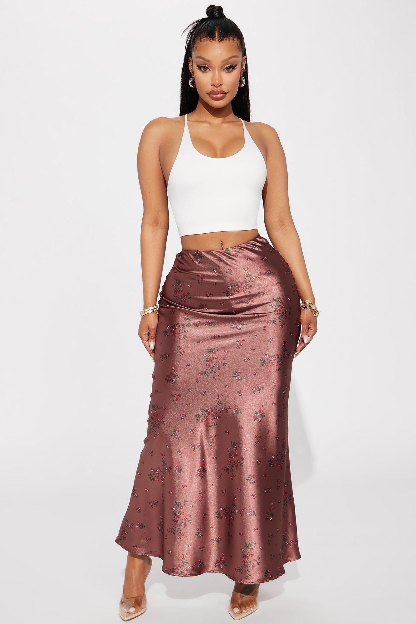 Buy Myself Flowers Satin Maxi Skirt - Copper sold by Fashion Nova