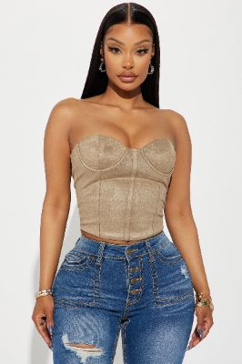 Single Tonight Suede Corset Top - Taupe sold by Fashion Nova