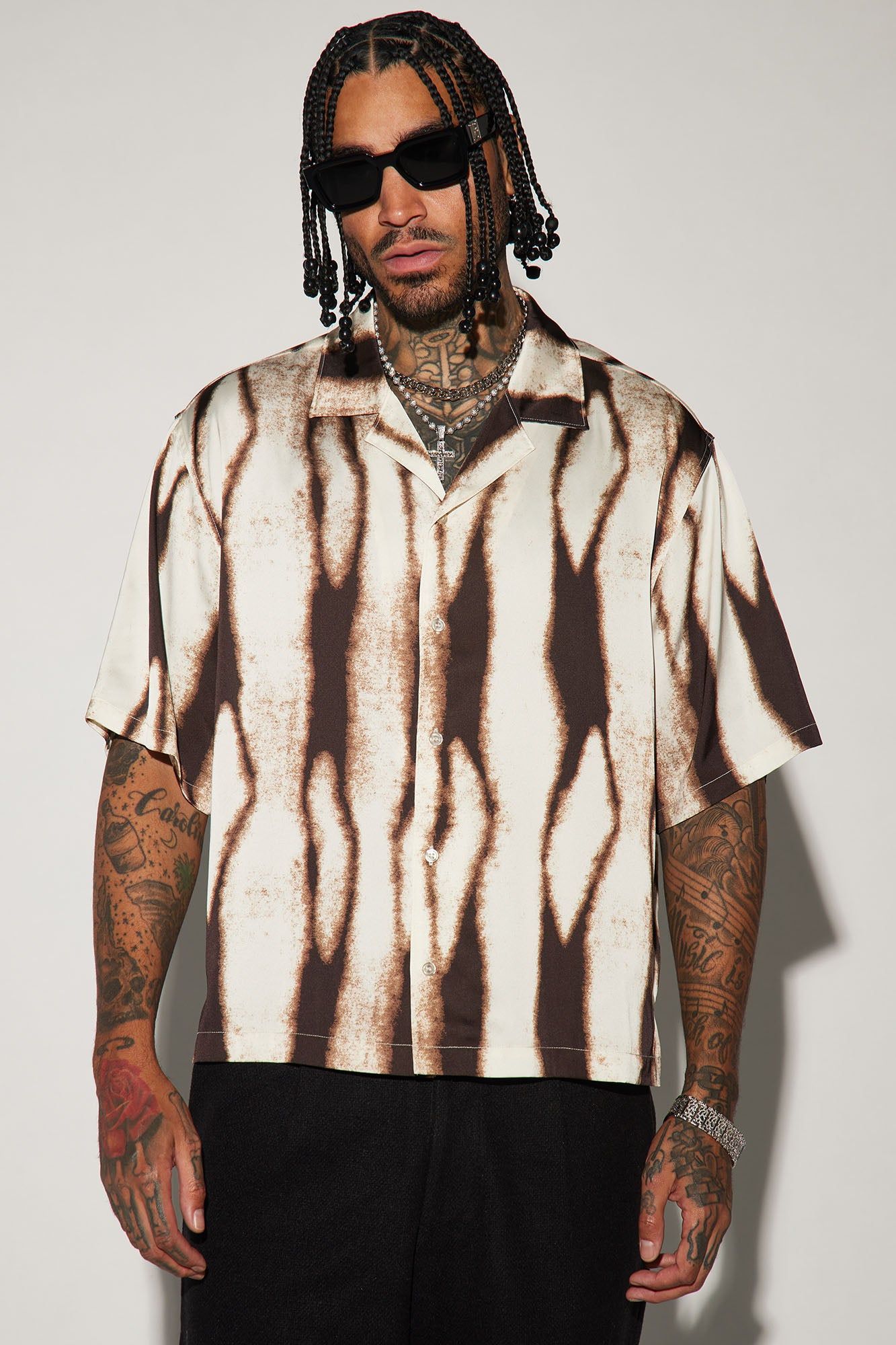 Platos Button Up Shirt - Brown/combo sold by Fashion Nova