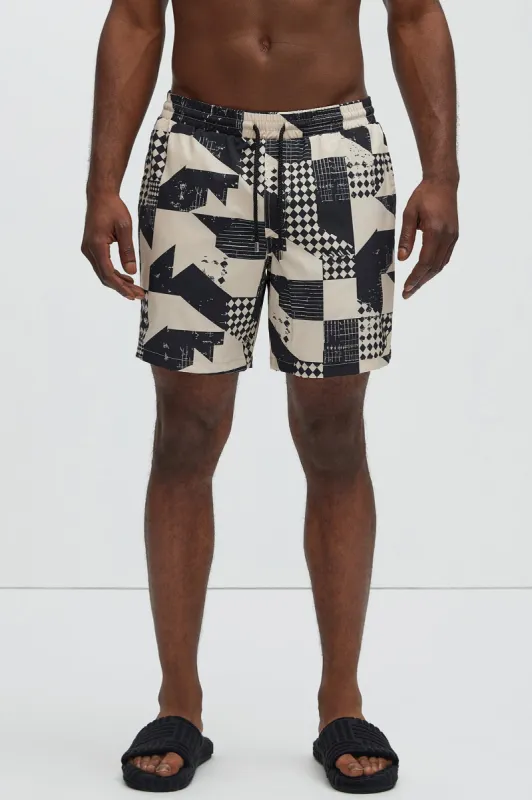 Fuller Geometric Swim Trunks - Black/combo sold by Fashion Nova
