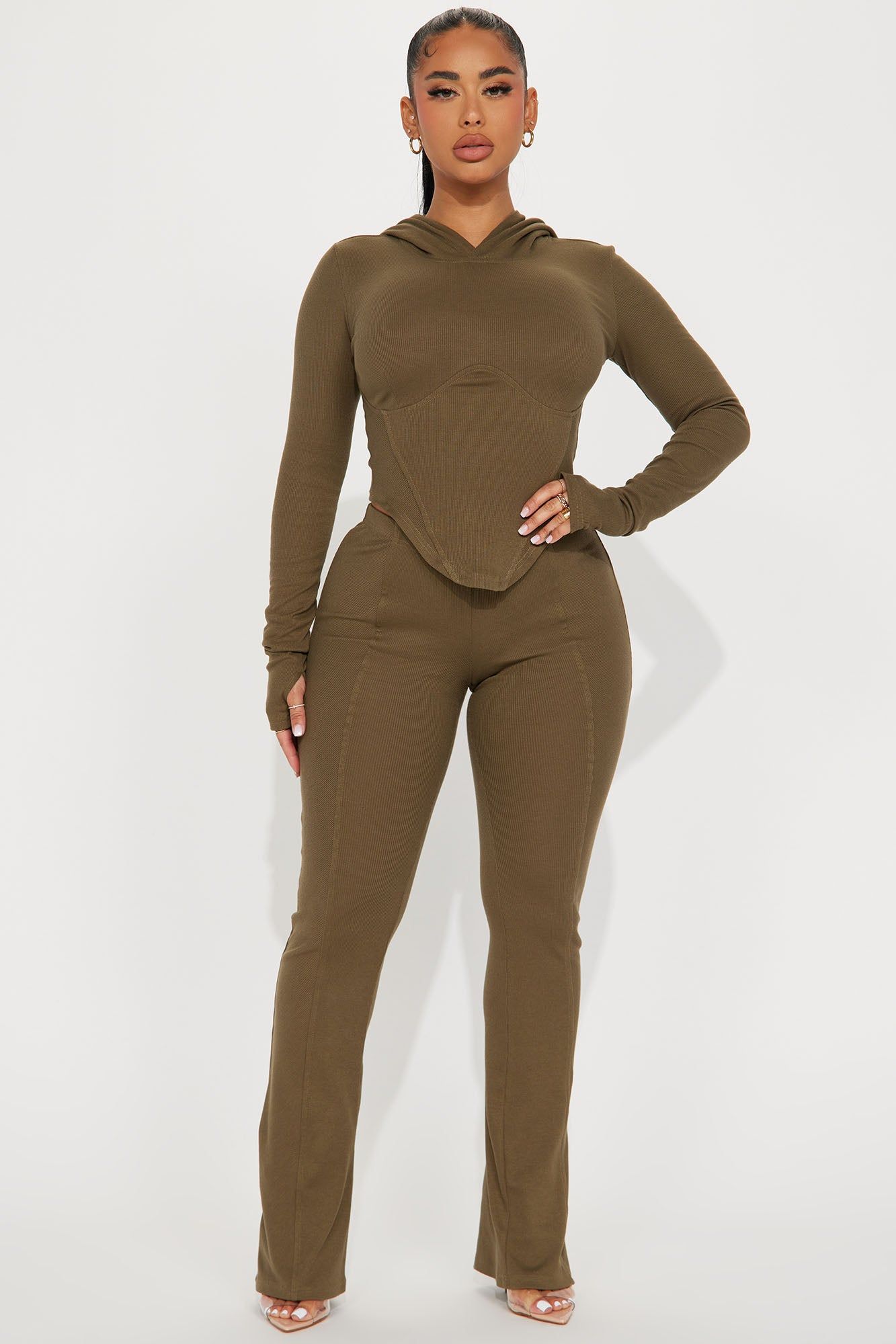 Faye Ribbed Pant Set - Olive sold by Fashion Nova