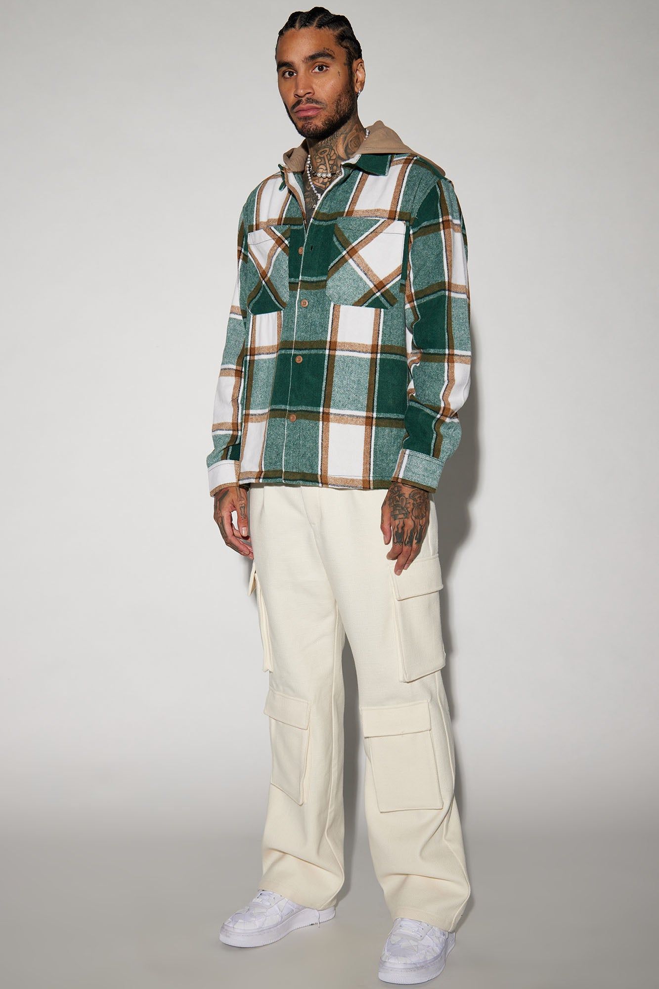 Face It Hooded Flannel Shacket - Green/combo sold by Fashion Nova product image thumbnail 2