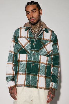 Face It Hooded Flannel Shacket - Green/combo sold by Fashion Nova