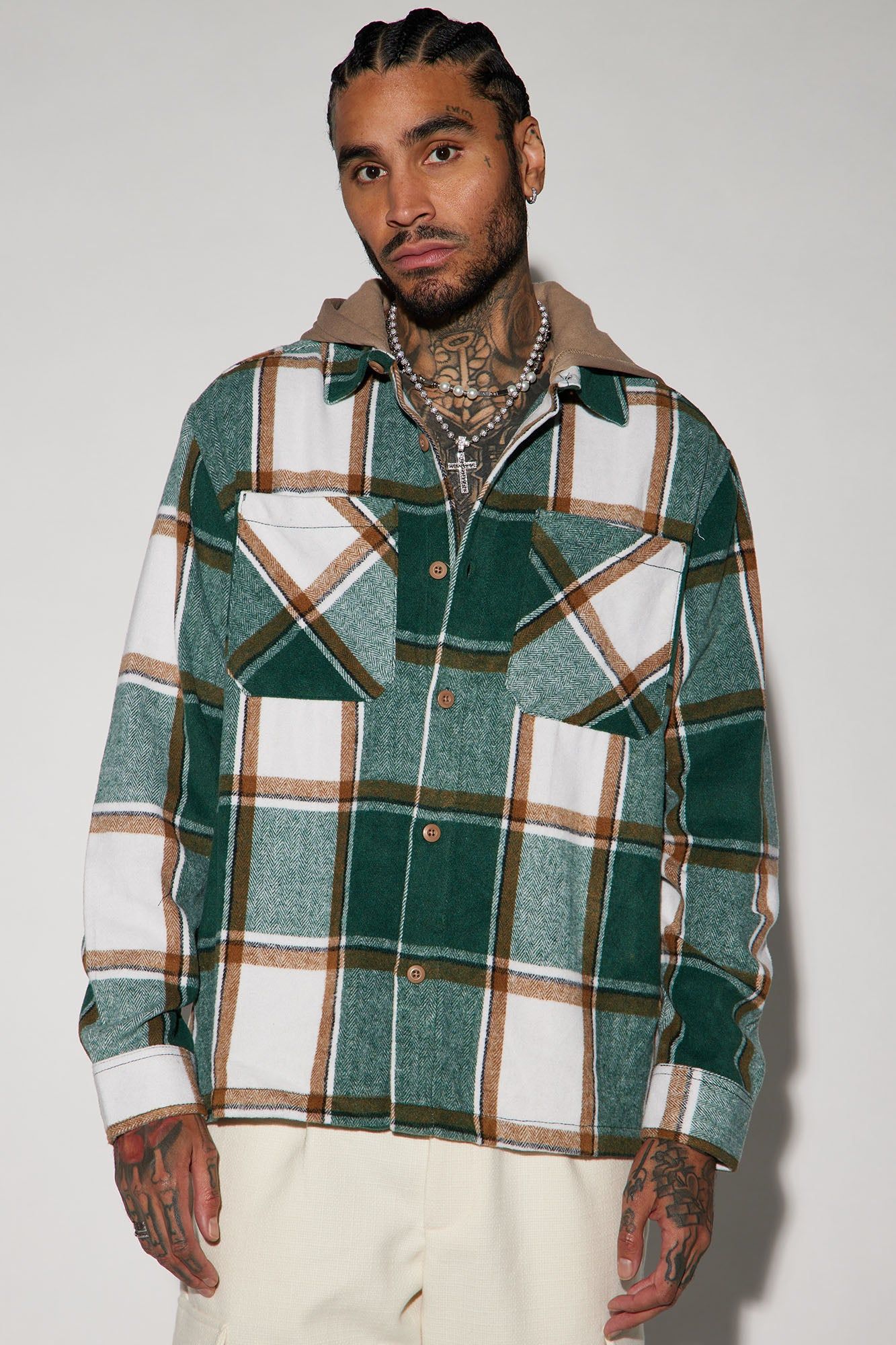 Face It Hooded Flannel Shacket - Green/combo sold by Fashion Nova