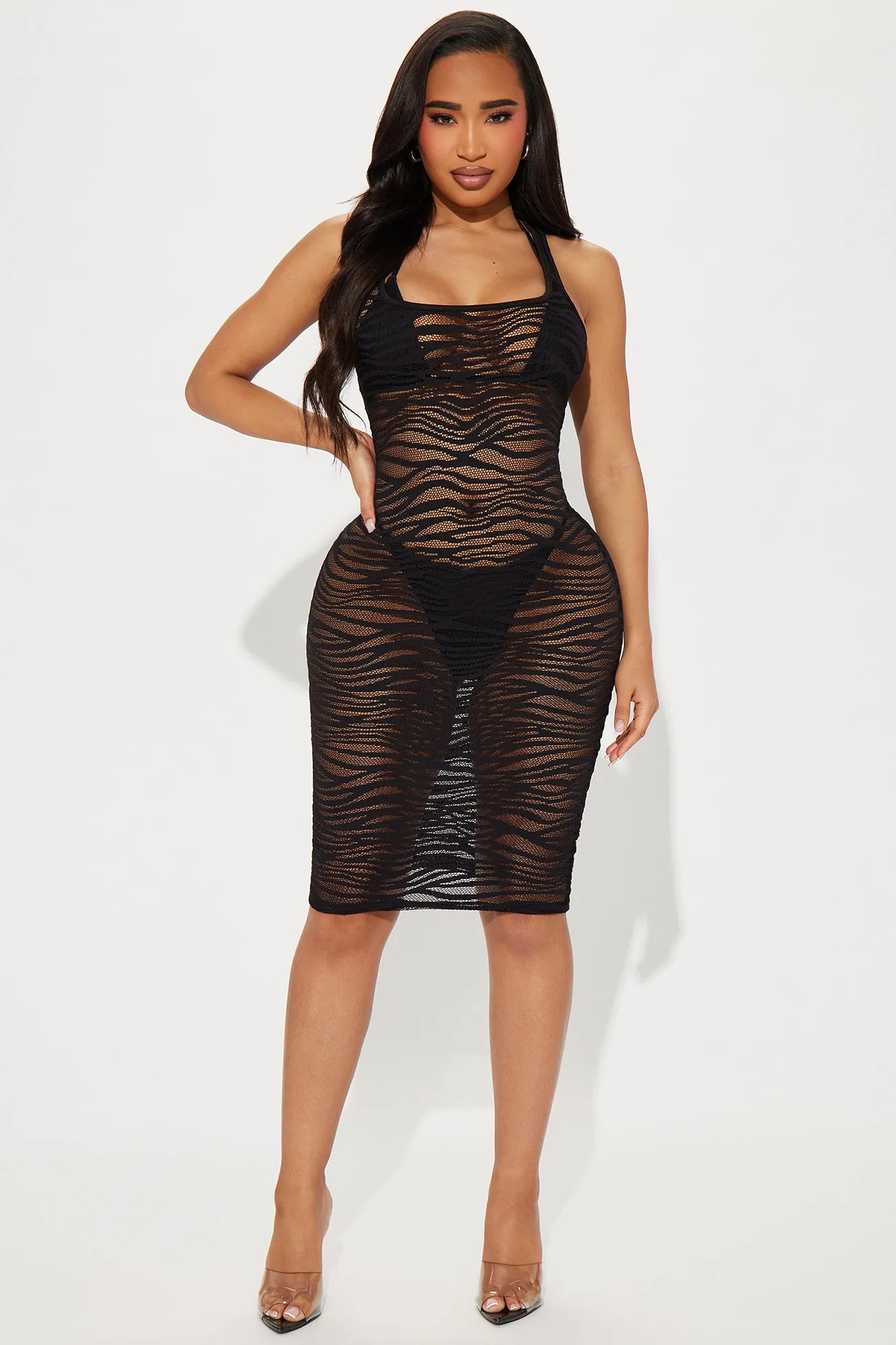 Vacation Ready Zebra Fishnet Cover Up Midi Dress - Black sold by Fashion Nova