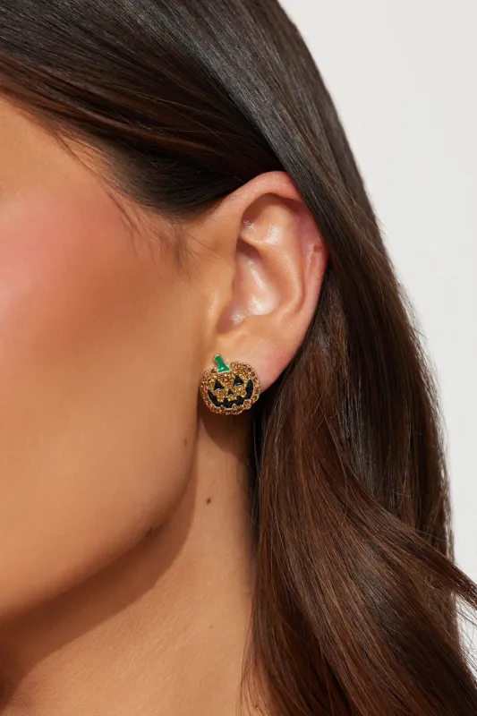 Happy Jack O Lantern Earrings - Gold/Orange sold by Fashion Nova
