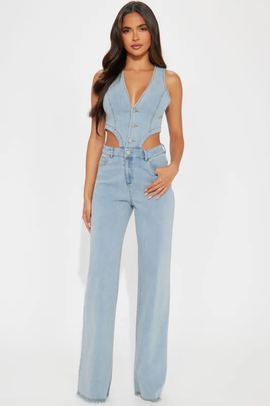 Feelings Don't Lie Denim Jumpsuit  - Light Wash sold by Fashion Nova