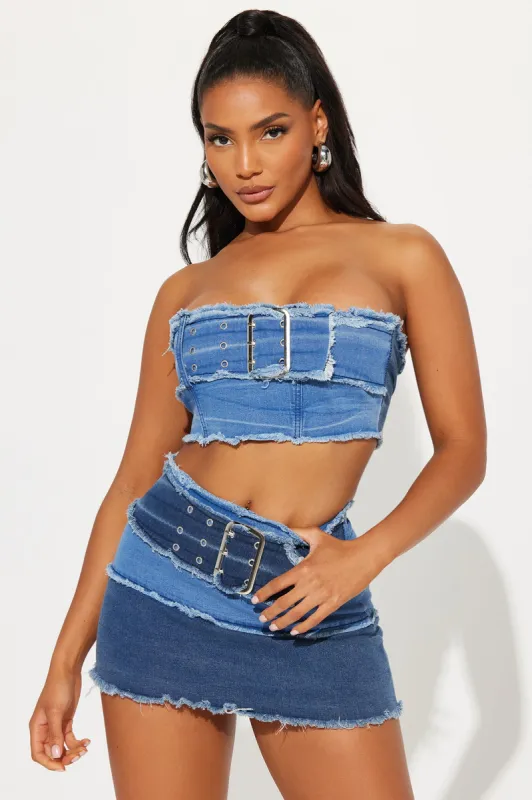Single Soon Denim Skirt Set - Medium Wash sold by Fashion Nova