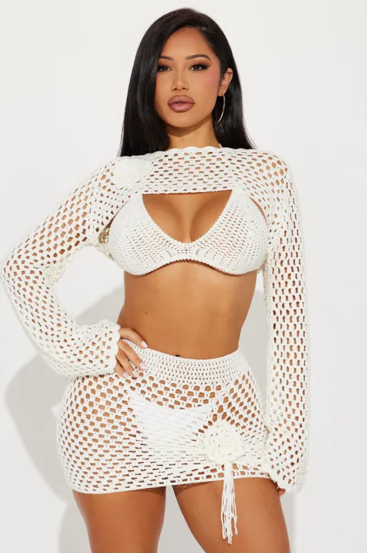 Rosa Rosette Crochet 3 Piece Cover Up Skirt Set - Ivory sold by Fashion Nova