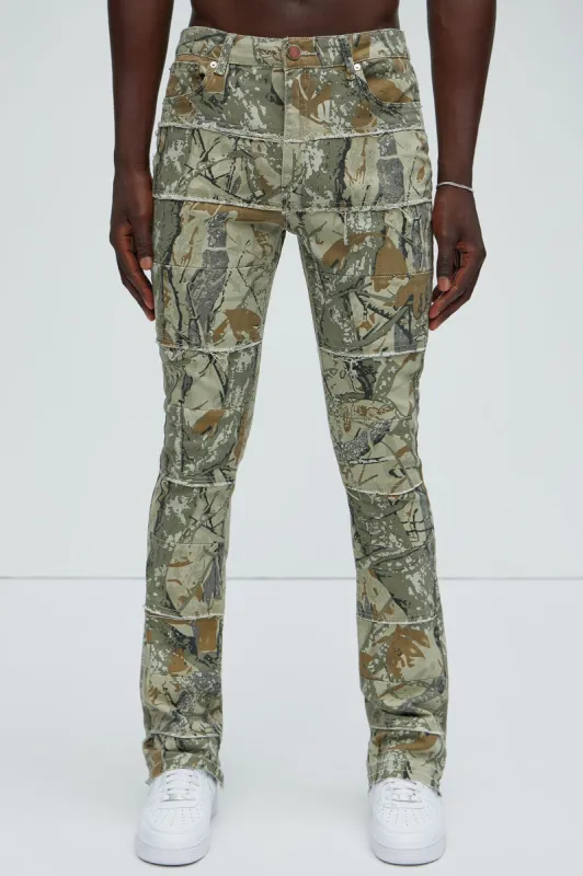 Go Out Frayed Stacked Skinny Flare Pants - Camouflage sold by Fashion Nova