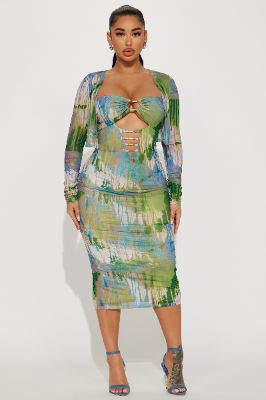 Ariella Mesh Midi Dress Set - Blue/combo sold by Fashion Nova